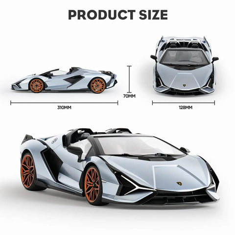 Light blue 1:16 scale Lamborghini RC car with measurements, product size labeled, part of Officially Licensed Lamborghini Remote Control Car One Six Scale Lambo Toy Car With LED Lights 2.4GHz RC Car For Adults And Kids Fast 12 Kilometers Per Hour Gift Idea.