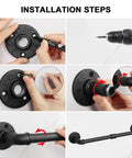 Installation steps for Five Piece Industrial Pipe Bathroom Accessories Hardware Kit shown with tools and parts, black rustic finish.