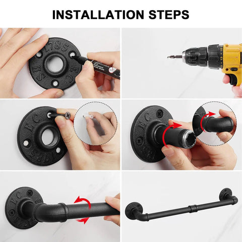 Installation steps for Five Piece Industrial Pipe Bathroom Accessories Hardware Kit shown with tools and parts, black rustic finish.
