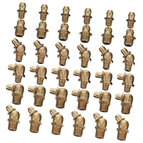 Assortment of copper grease fittings with straight and 45-degree nipples from the Copper Grease Fitting Assortment Kit