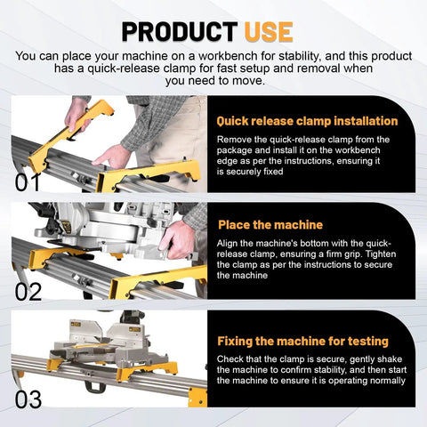 Quick-release clamp installation and miter saw setup with Two Pack Heavy Duty Miter Saw Mounting Brackets For DW723 DWX723 DWX724 DWX725 And Similar Saws Universal Mounting Hardware For Quick Stable Setup Durable Shop Grade Performance.