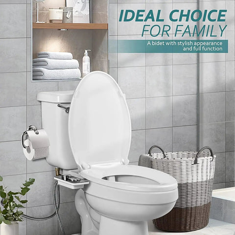 Must Have Non Electric Cold Water Bidet Toilet Seat Attachment With Pressure Controls And Retractable Self Cleaning Dual Nozzles For Front And Rear Wash In Black installed on white toilet.