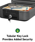Travel Ready Fireproof And Waterproof Safe With Key Lock Compact Chest Lock Box With Carrying Handle For Documents And Valuables 0.28 Cu Ft Fire Resistant Privacy Safe For Home Or Office On The Go, open view showing contents and key lock.