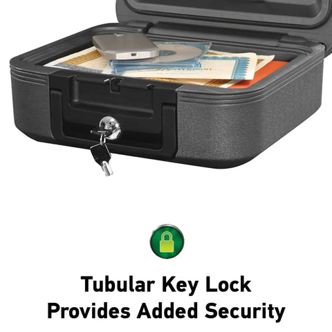 Travel Ready Fireproof And Waterproof Safe With Key Lock Compact Chest Lock Box With Carrying Handle For Documents And Valuables 0.28 Cu Ft Fire Resistant Privacy Safe For Home Or Office On The Go, open view showing contents and key lock.