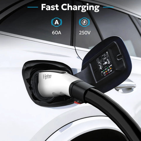 Tesla To J1772 Adapter 60A 250V Level 2 Ev Charger Converter plugged into an electric vehicle charging port.