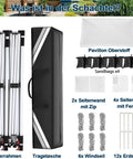 10x20 Pop Up Canopy With 6 Sidewalls Waterproof Pro Grade Outdoor Gazebo Party Ready Easy Setup For Parties Events And Garden UV 50 Protection Includes Sandbags Swan White components including a frame, carry bag, fabric, sidewalls, wind ropes, and sandbags.