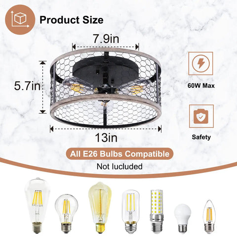 Product dimensions and bulb compatibility of Rustic 3 Light Flush Mount Ceiling Fixture For Hallway Entryway Kitchen Bathroom And Living Room