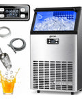 Straight Fire Commercial Ice Maker Cranks Out 100 Pounds Daily With 33 Pounds Storage, displaying ice and components with a blue light.