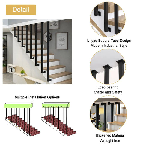Heavy Duty Wrought Iron Stair Handrail With L Shaped Bracket Rock Solid Galvanized Steel Staircase Railing installed on stairs