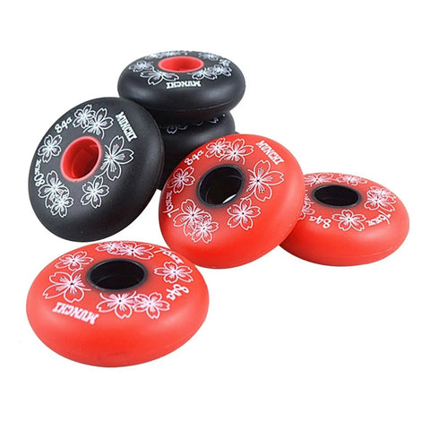 4 Pack Inline Roller Skate Wheels Urethane 84A For Fitness Roller Hockey And Street Skating, red and black designs, top view