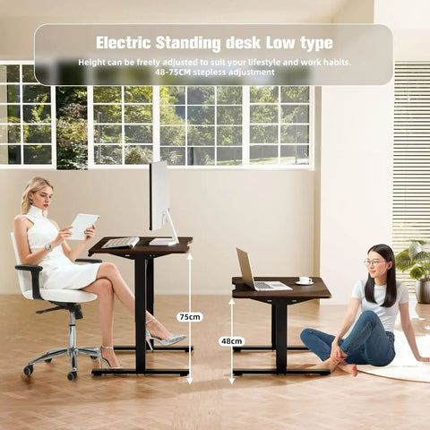 Electric Standing Desk Lifts Adjustable Height From 18.9 To 29.5 Inches With Lockable Wheels And Smooth Motor For Home Office Ergonomic Computer Desk Setup Easy One Touch Control, adjustable design shown with user.