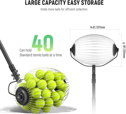 Tennis Ball Pickleball Roller Collector No Bending Over Quick Roll Up For 1.5 To 3 Inch Balls TB01S holding 40 yellow balls