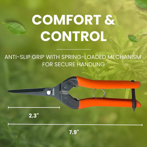 Top Notch Pro Grade Japanese Harvesting Shears With Straight 58 Millimeter Blade Black Fluorine Coated Stainless Steel displayed on green background.