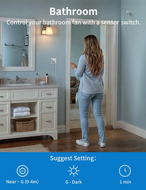 Woman activating Motion Sensor Outlet With Timer Plug N Play PIR Motion Activated Switch For Lights And Exhaust Fans in bathroom