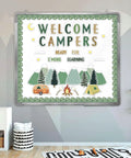 Camping Bulletin Board Kit With Adventure Mountain Back to School Decor Includes Tent and Campfire Cutouts in classroom setup