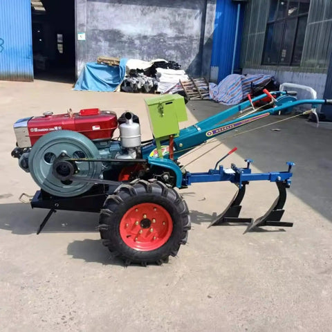 Compact 2 Wheel Walking Tractor For Small Farms And Gardens With A Workhorse Cultivation Tiller Motocultor parked in an outdoor area