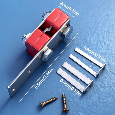 Close-up of pallet strapping tool with thickened ergonomic handle and easy grip belt opener, highlighting dimensions.
