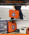 Person carrying 55 Piece Detachable Thread Checker Kit With 30 Standard And 25 Metric Gauges in orange case, garage storage.