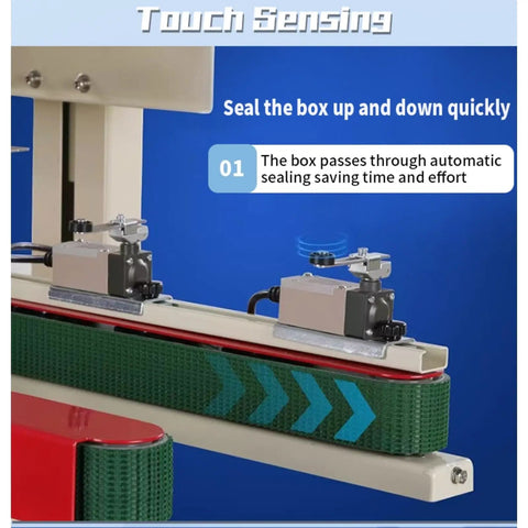 Automatic Heavy Duty Case Sealer With Adjustable Carton Belt Drive Smooth Continuous Operation showing touch sensing and sealing process.