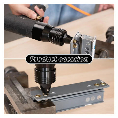 Close-up of Powerful Pneumatic Air Rivet Gun For Blind Riveting And Rivnut Pull Nuts Lightweight Riveter Kit in action