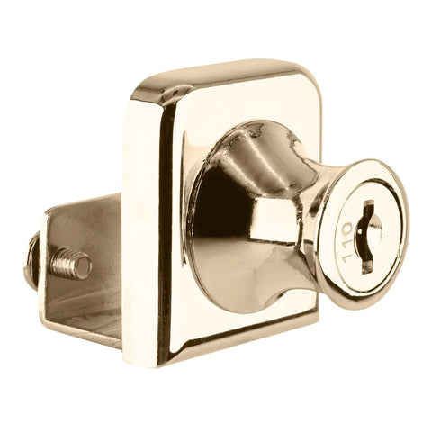 Pro Grade Gold Plated Clamp Lock For Three Eighth Inch Single Glass Doors No Fuss No Drill Mount Secure Closure Hardware For Display Cases And Retail Fronts Keyed Alike Sleek Finish, close-up view.