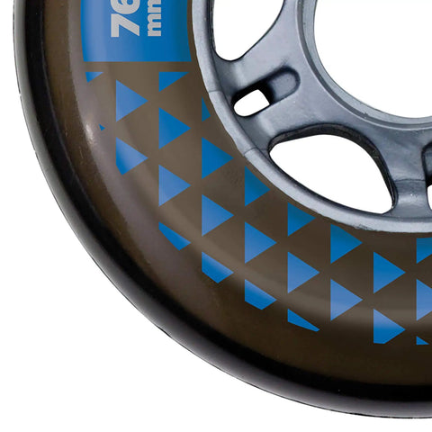 Close-up of Booster 76mm 80A Four Wheel Pack with blue pattern for Inline and Quad Skates in Smoke Color