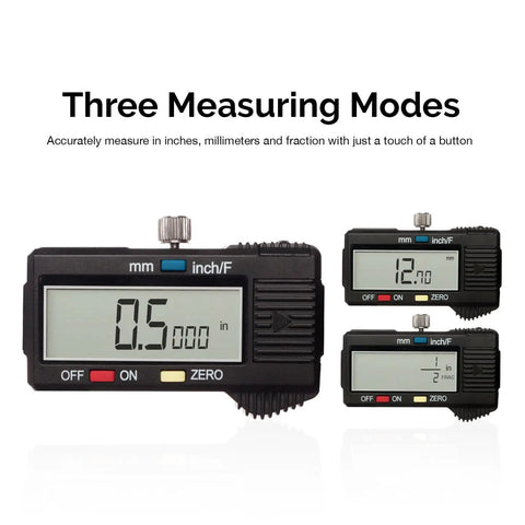 12 Inch Electronic Digital Caliper With Extra Large Display, Quick Mode Change Between Inches Fractions And Millimeters, Precision At 0.001 Inch And 0.02 Millimeters, Polished Stainless Steel Measuring Tool showing three measurement modes on LCD screen.