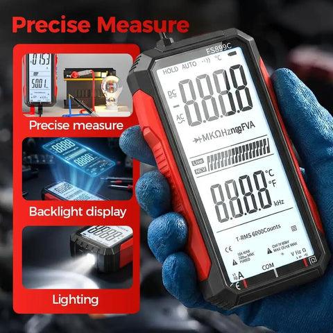 Person holding Digital Multimeter With Rechargeable Battery, 6000 Counts True RMS, 5 Inch Color Screen, Auto Range Tester, FS899L