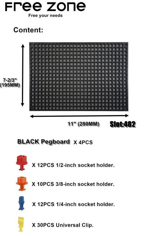 68 Piece Large Pegboard Tool Organizer Set with black panels and various colored socket holders.