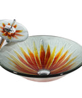 USZWBY Bathroom Vessel Sink,Tempered Glass Vessel Sink Bowl with Faucet Set,Round Bowl Artistic Vanity Sinks,Counter Top Installation Sink with Pop Up Drain in floral design.
