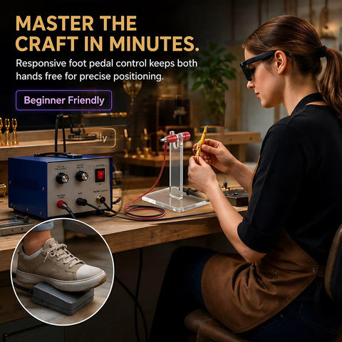 Jewelry Spot Welder With Pulse Sparkle Technology Pro Grade Portable Soldering Machine setup in use by a person in workshop