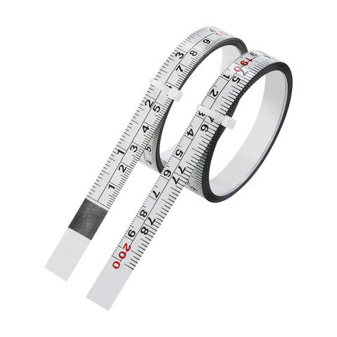 Two Pack One Half Inch Wide Self Adhesive Measuring Tape With 78 Inch Or 200 cm Length Peel And Stick Ruler Featuring Imperial And Metric Scales And Left Right Reading For Workbench Table Saw And Drafting Table White, showing tapes unrolled.