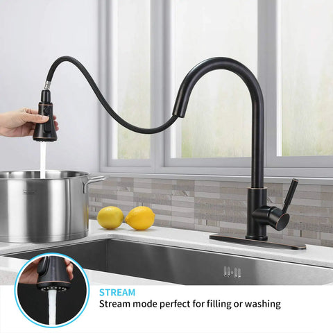 Oil Rubbed Bronze Pull Down Kitchen Faucet With Sprayer And Aquablade Sweep in stream mode filling pot