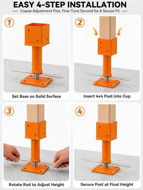 No Sweat Setup For Your Outdoor Build With These Heavy Duty 4 Pack Screw Jack Posts Featuring 4X4 Adjustable Steel Plates for installation steps.