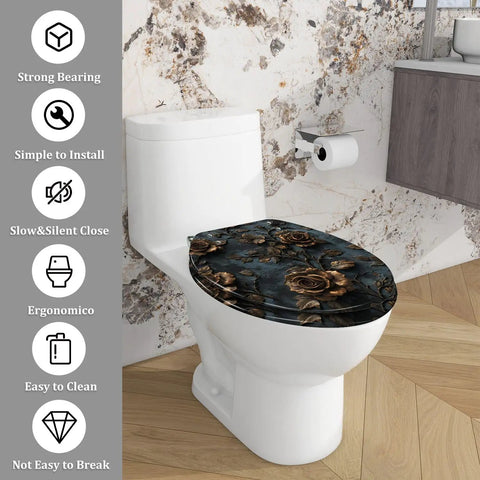 Elongated Toilet Seat Resin for Bathroom with floral design, installed on a white toilet, ergonomic and easy to clean.