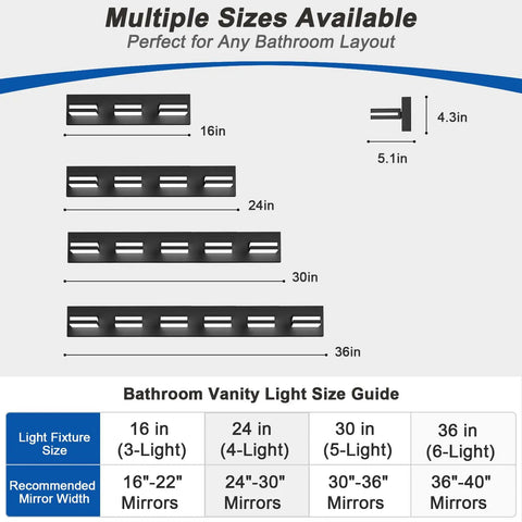 Size guide for No Sweat Dimmable Led Bathroom Light Fixture Three Bulb Vanity Wall Lamp in multiple dimensions.