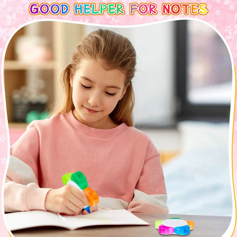 Girl using Petals Highlighters Set 140 Pieces In Five Assorted Fluorescent Colors Flower Shape Watercolor Highlighter Pens