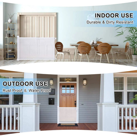 Retractable Baby Gate for Stairs and Doorways, 34 Inch Tall Expands to 72 Inch Wide shown indoors and outdoors, white color