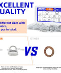 320 Piece Aluminum Oil Drain Plug Crush Washer Kit 12 Sizes M5 To M20 shown in clear storage case with quality comparison chart.