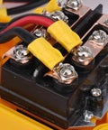 Close-up of Rugcel Yellow Winch Hand Control Switch connectors with wires for 12V Electric Winches, showing terminals.