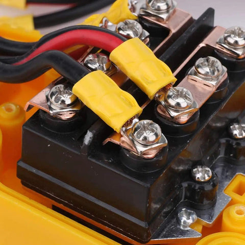 Close-up of Rugcel Yellow Winch Hand Control Switch connectors with wires for 12V Electric Winches, showing terminals.