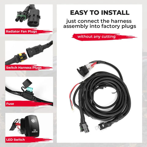 Upgraded Fan Override Switch Kit with Relay, LED Rocker, and heat-resistant wiring for Polaris RZR Ranger Can-Am X3 Maverick