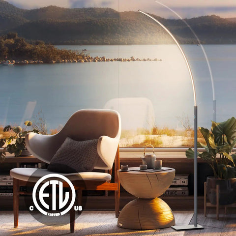 Arc Corner Floor Lamp With 3000K Warm White Cozy Vibes Mood Lighting, Three Brightness Presets, Easy Tap Touch Switch, 63 Inch Curved LED Standing Lamp For Living Room And Bedroom, Sleek Silver Finish