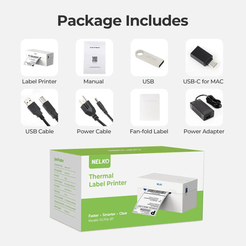 Package contents for Bluetooth Thermal Shipping Label Printer For Small Biz Wireless 4x6 Label Printer That Works With IPhone Android Windows Great For Amazon eBay Shopify Etsy White