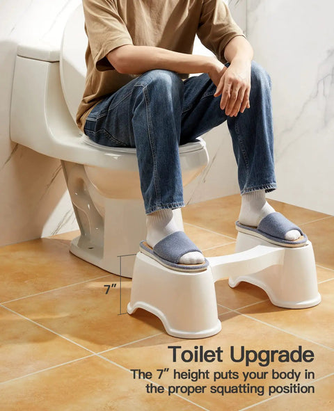 7 Inch Toilet Stool For Easier Posture And Faster Poops, Detachable Potty Step Stool in use by an adult, ergonomic foot rest
