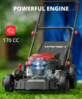 Close-up of a powerful 21 inch self propelled gas lawn mower with 170cc OHV engine and forced air cooling for handling thick grass.