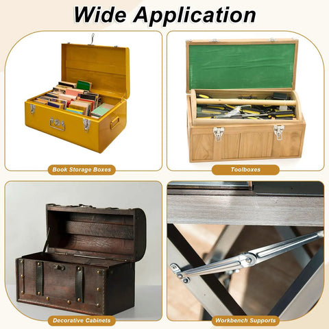 Wide application of Six Pack Metal Lid Support Hinges With Screws on yellow book storage box, wood toolbox, decorative cabinet, workbench.