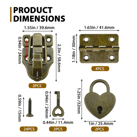 Retro Duckbill Toggle Hasp Latches Kit With Heart Shaped Padlocks And Antique Folding Flush Hinges Bronze Finish Includes Mounting Screws For Jewelry Boxes Crates And Furniture Decor dimensions