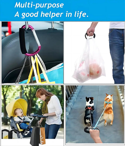 Three Pack 5.2 Inch Carabiner Stroller Hooks used for bags, baby stroller, dog leashes, and grocery carrying; versatile use