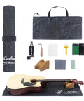 Complete Ultimate Guitar Care Kit with felt work mat, neck rest, string winder, fret polishing tools, and storage bags.